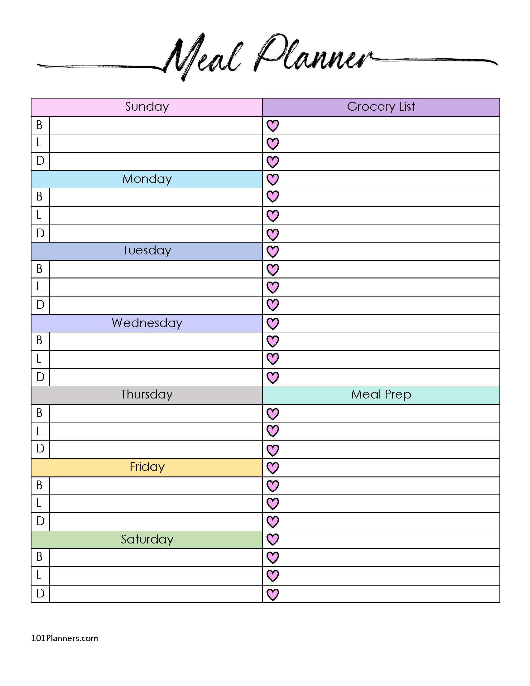 printable weekly meal planner list template